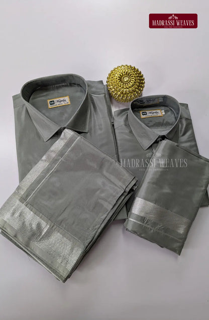 Father Son Combo Japan Silk Dhoti Set - Steel Grey