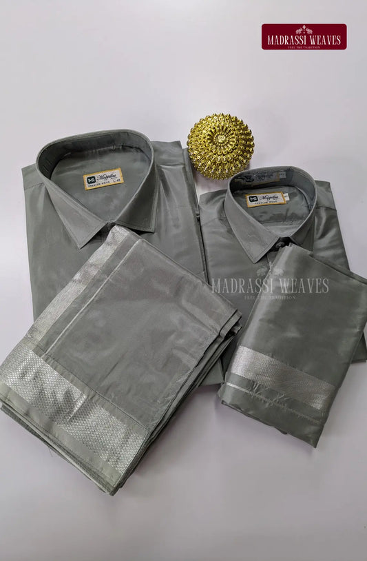 Father Son Combo Japan Silk Dhoti Set - Steel Grey