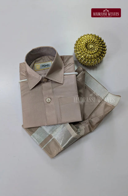 Father Son Combo Japan Silk Dhoti Set - Sandstone