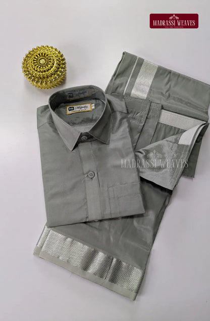 Father Son Combo Japan Silk Dhoti Set - Steel Grey