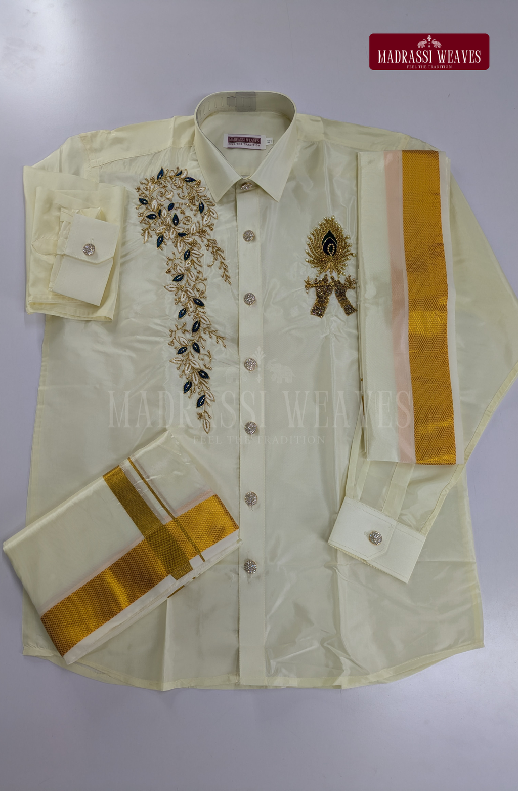 Luxury Aari Work Wedding Silk Dhoti Set (HandCrafted) -(DESPATCH TIME 15 DAYS) - Off White