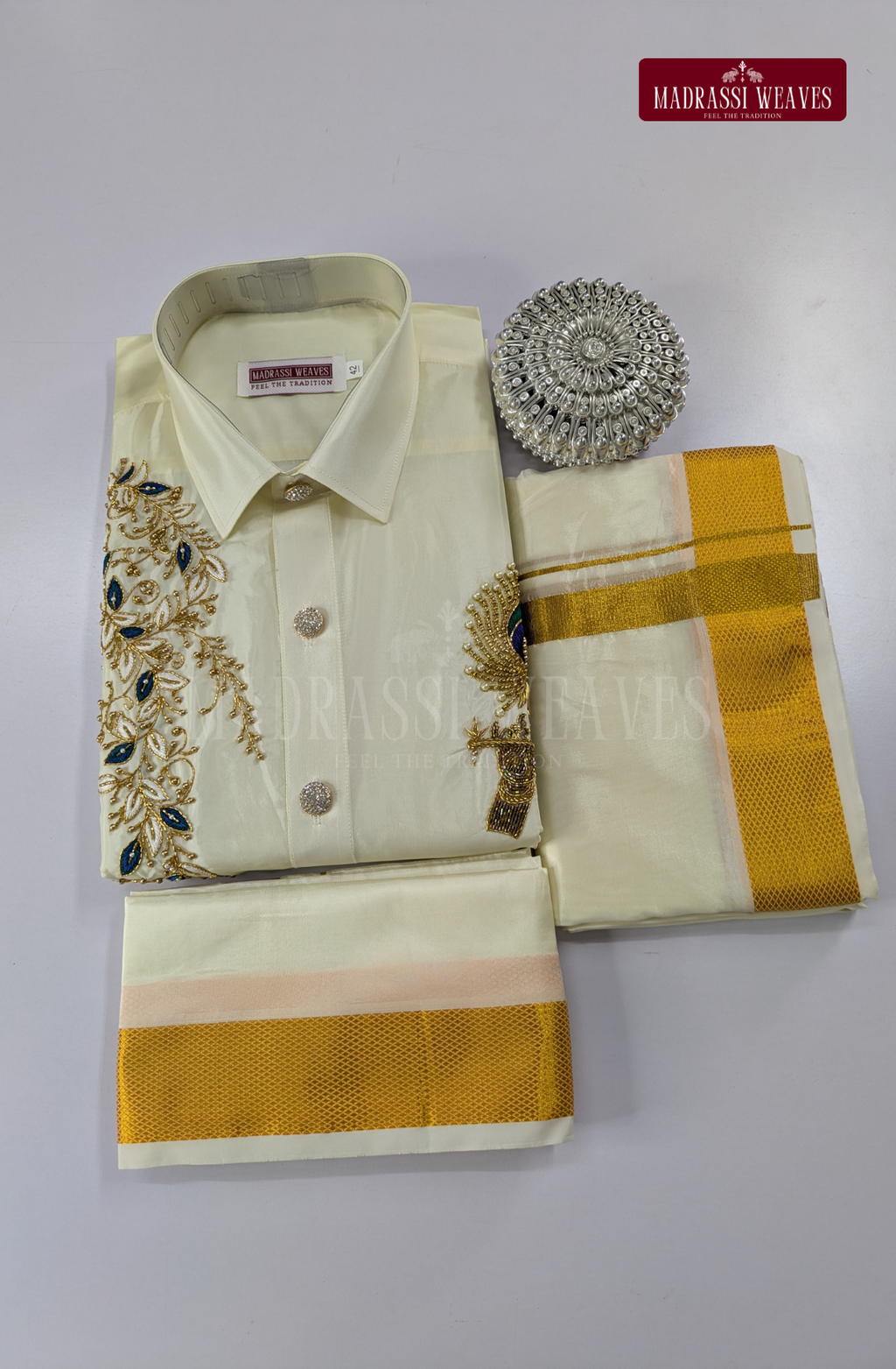 Luxury Aari Work Wedding Silk Dhoti Set (HandCrafted) -(DESPATCH TIME 15 DAYS) - Off White