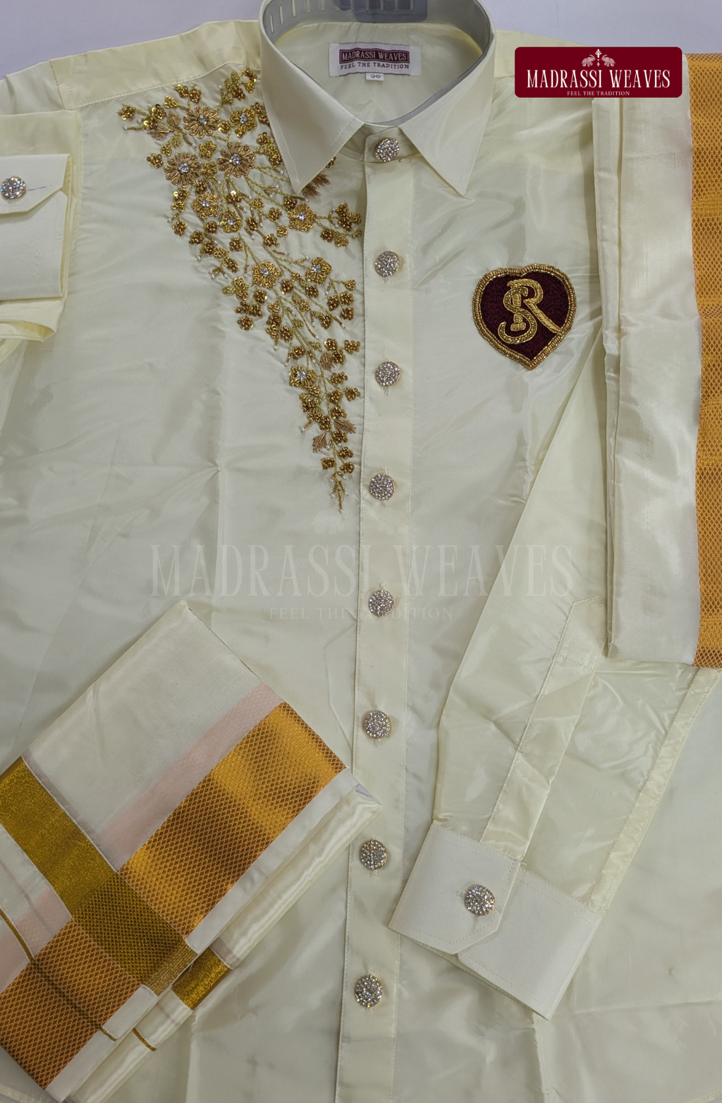 Luxury Aari Work Wedding Silk Dhoti Set (HandCrafted) -(DESPATCH TIME 15 DAYS)- Off White