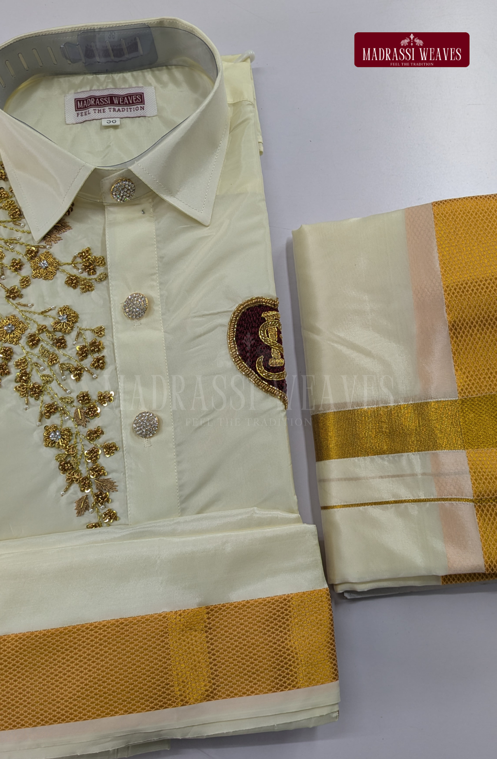 Luxury Aari Work Wedding Silk Dhoti Set (HandCrafted) -(DESPATCH TIME 15 DAYS)- Off White