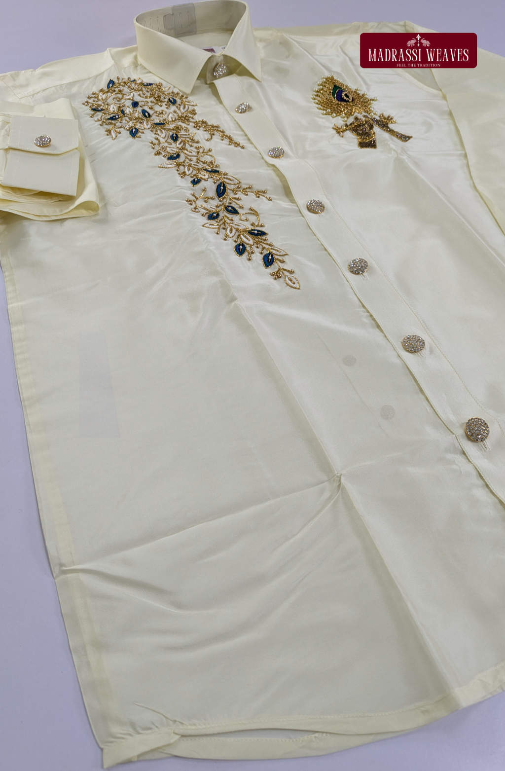 Luxury Aari Work Wedding Silk Dhoti Set (HandCrafted) -(DESPATCH TIME 15 DAYS) - Off White