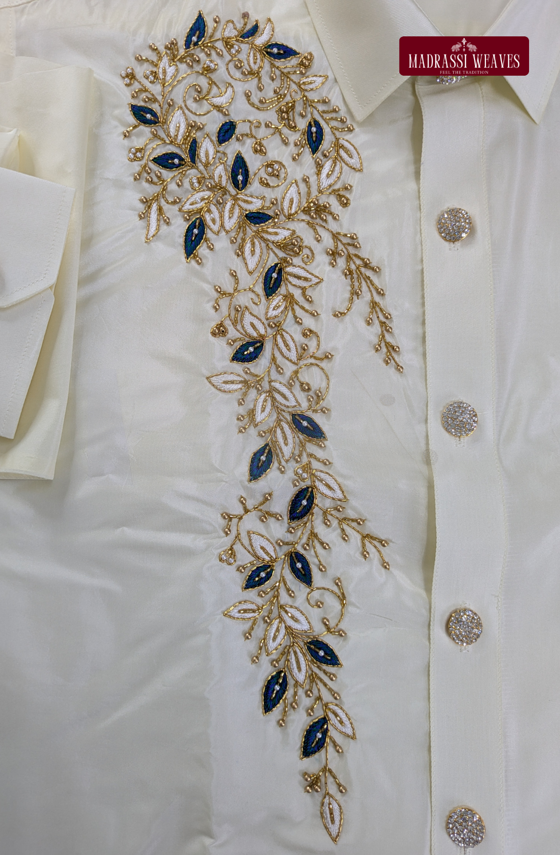 Luxury Aari Work Wedding Silk Dhoti Set (HandCrafted) -(DESPATCH TIME 15 DAYS) - Off White