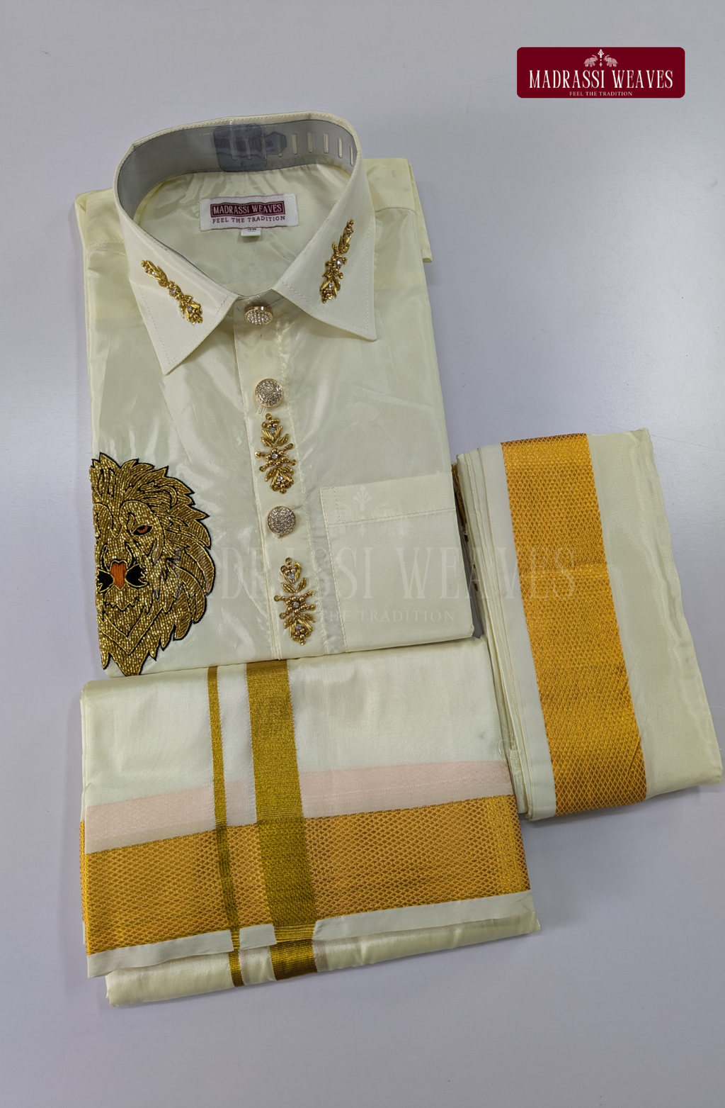 Luxury Aari Work Wedding Silk Dhoti Set (HandCrafted) -(DESPATCH TIME 15 DAYS) - Off White (Copy)