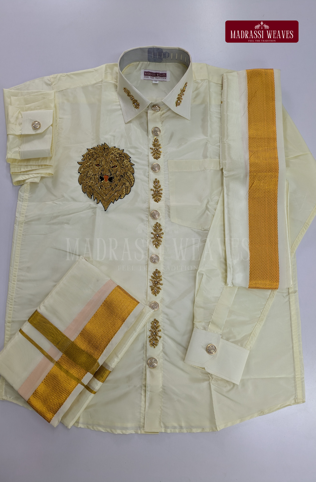 Luxury Aari Work Wedding Silk Dhoti Set (HandCrafted) -(DESPATCH TIME 15 DAYS) - Off White (Copy)