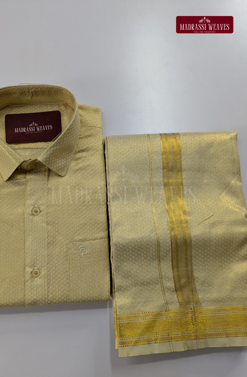 Premium Art Silk Tissue Brocade Dhoti Set- Gold Eye