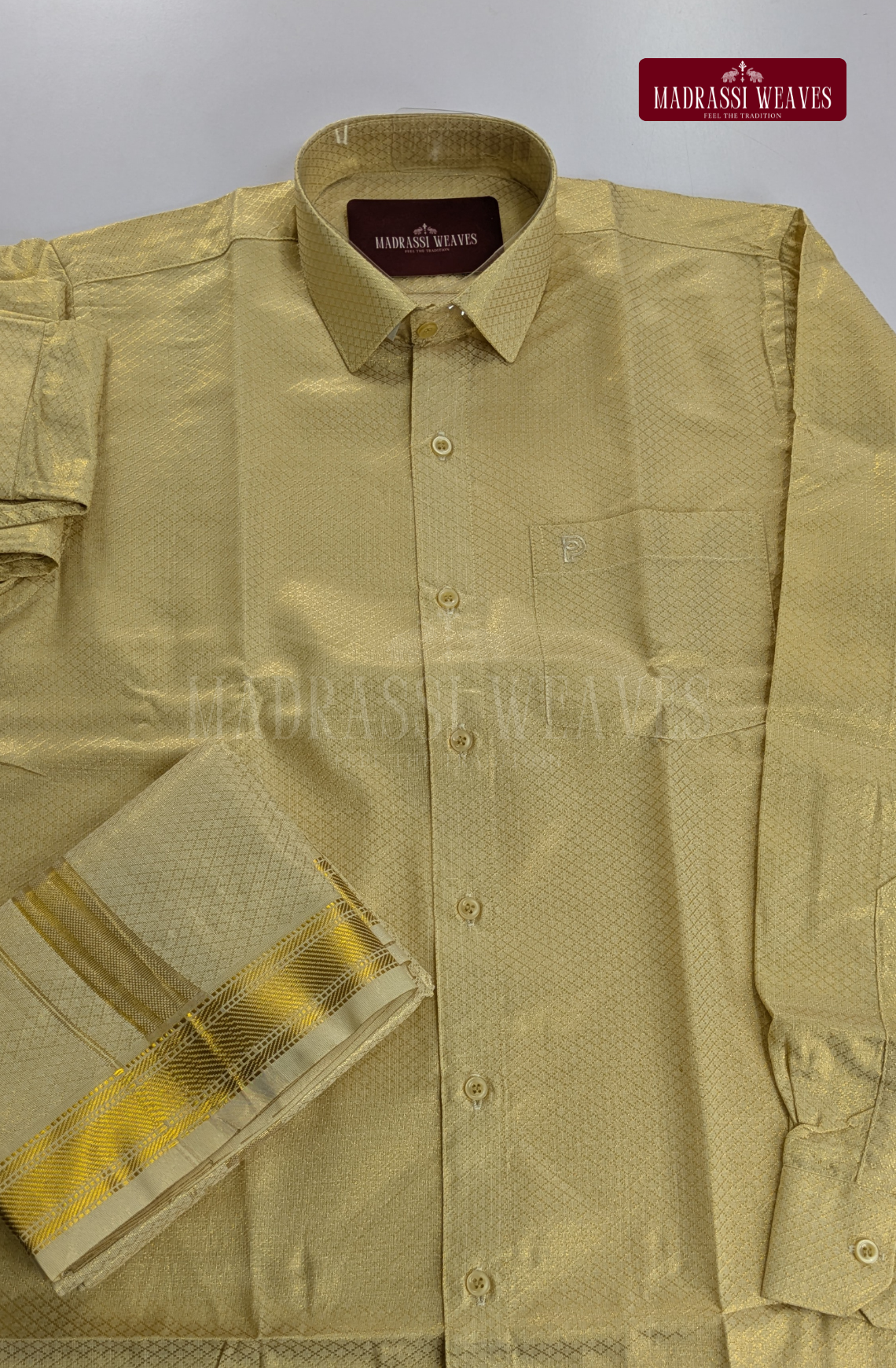 Premium Art Silk Tissue Brocade Dhoti Set- Gold Eye