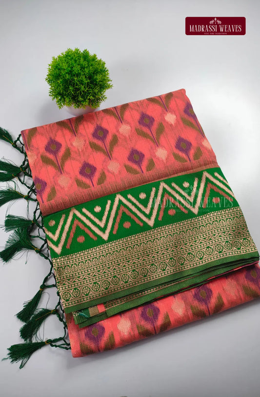 Ikkat Style Cotton Blend Saree - Peach