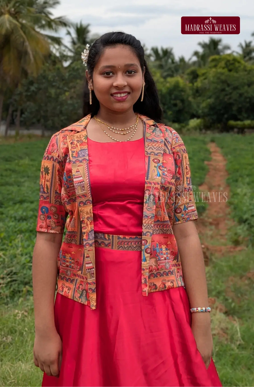 Indo-Western Style Girl's  Dress With Ethnic Jacket - Tulip Red