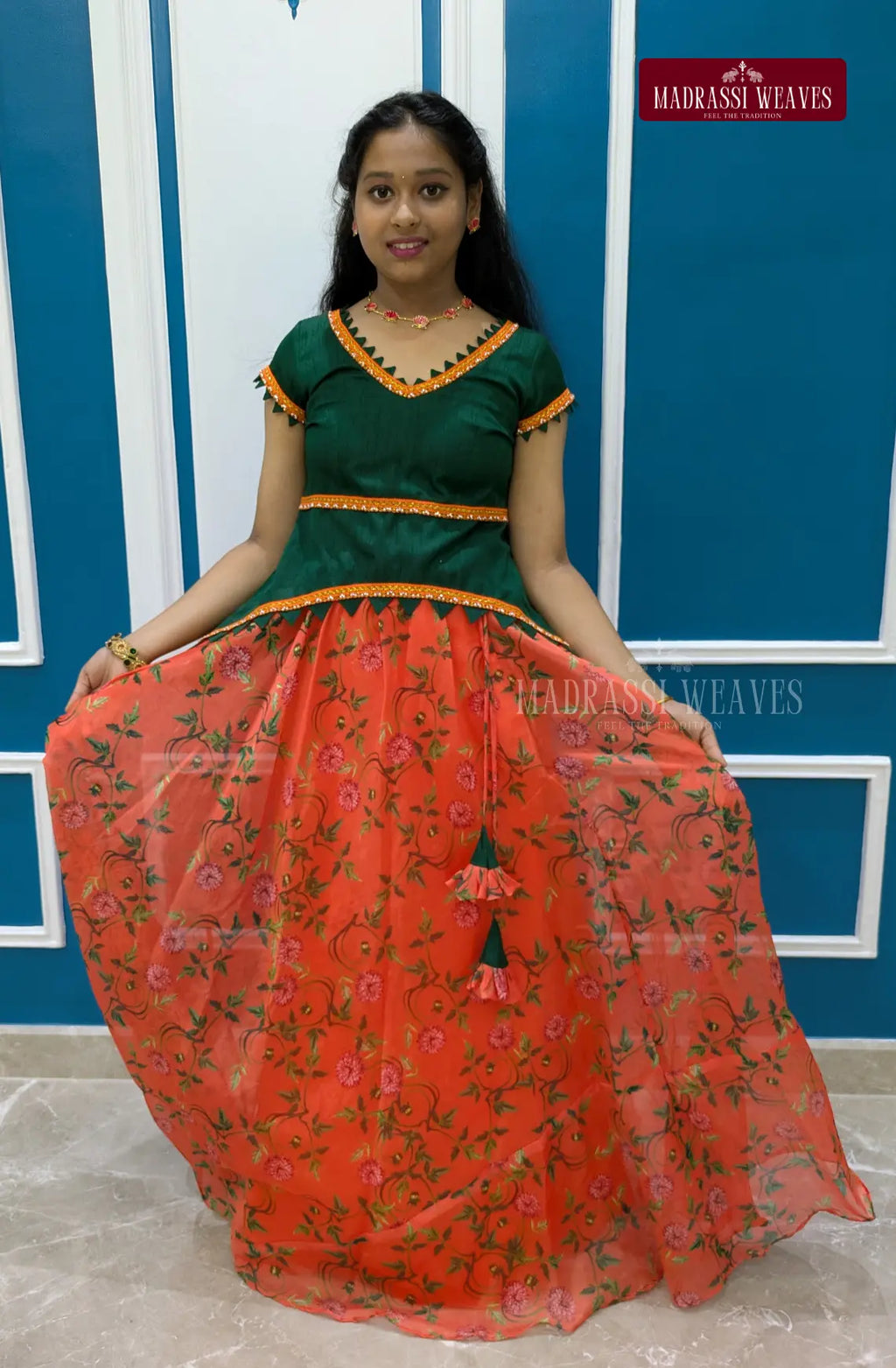 Indo-Western Party Wear  Girl's Skirt Set - Orange Orchid