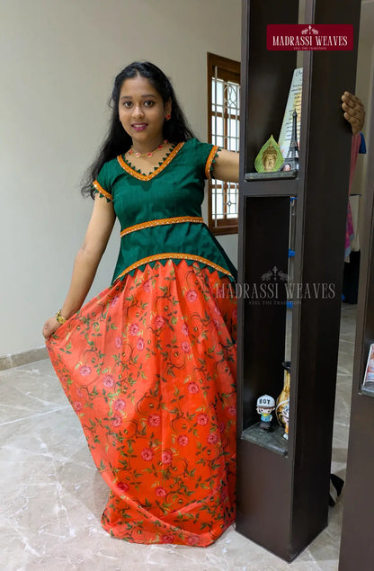 Indo-Western Party Wear  Girl's Skirt Set - Orange Orchid