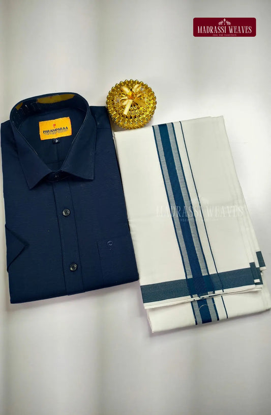 Indo Organic Men's Cotton Shirt And Dhoti Set - Navy Blue