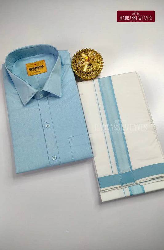 Indo Organic Men's Cotton Shirt And Dhoti Set - Sky Blue