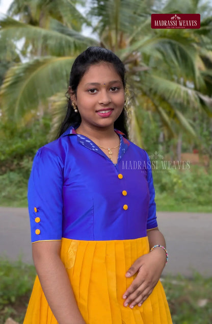 Handloom Ikkat Long Frock  For Girls - Blue Blossom