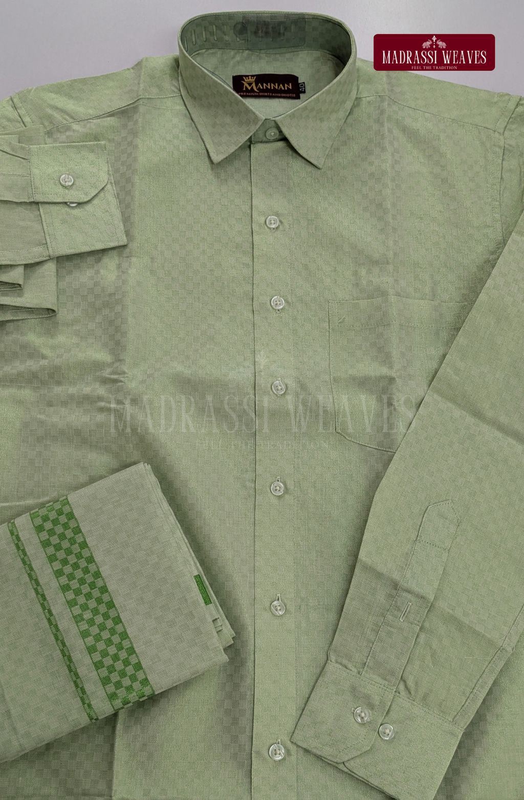 Wedding Zari Brocade Shirt and Dhoti Set  - Green