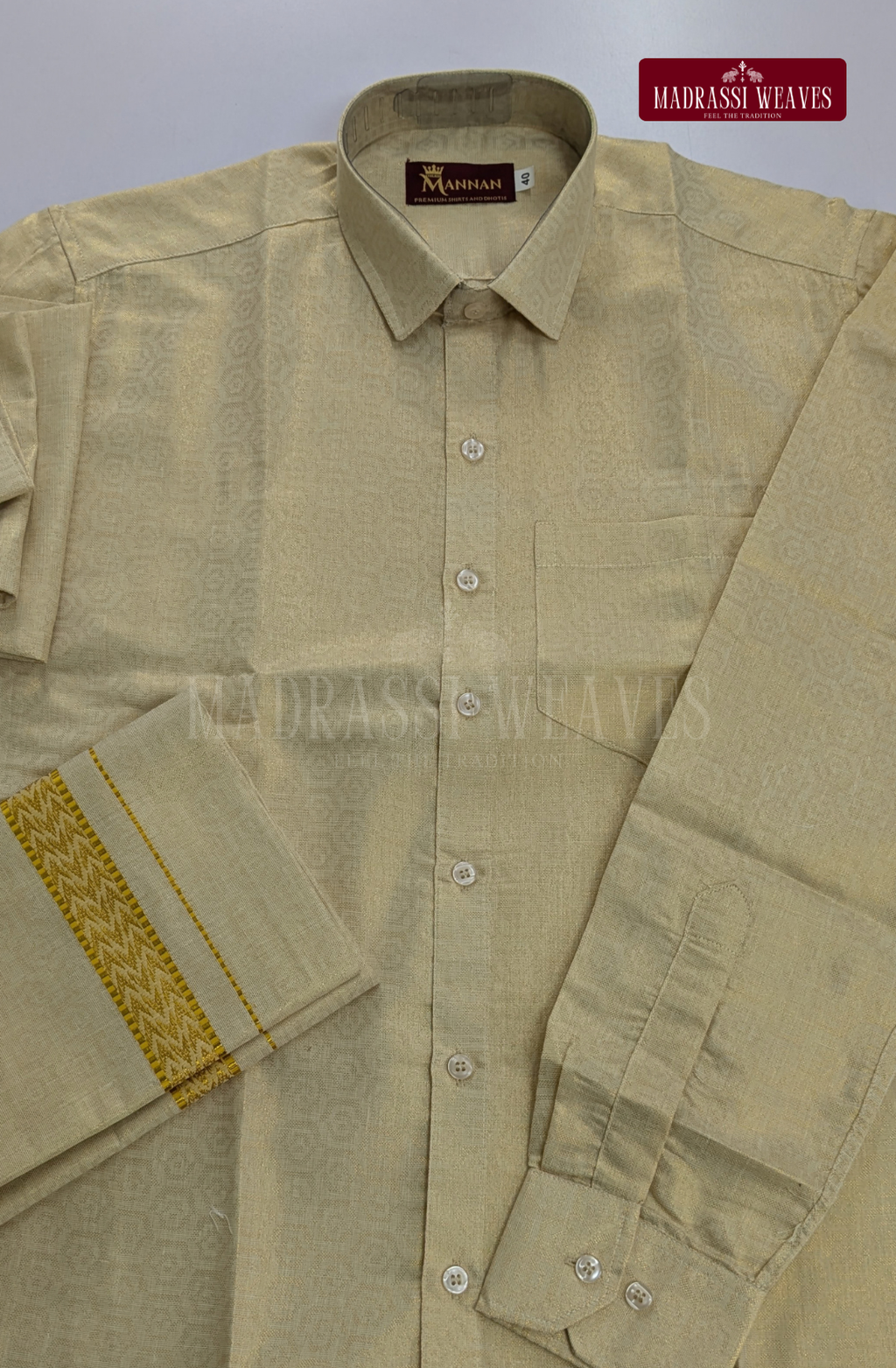 Wedding Zari Brocade Shirt and Dhoti Set  - Cream