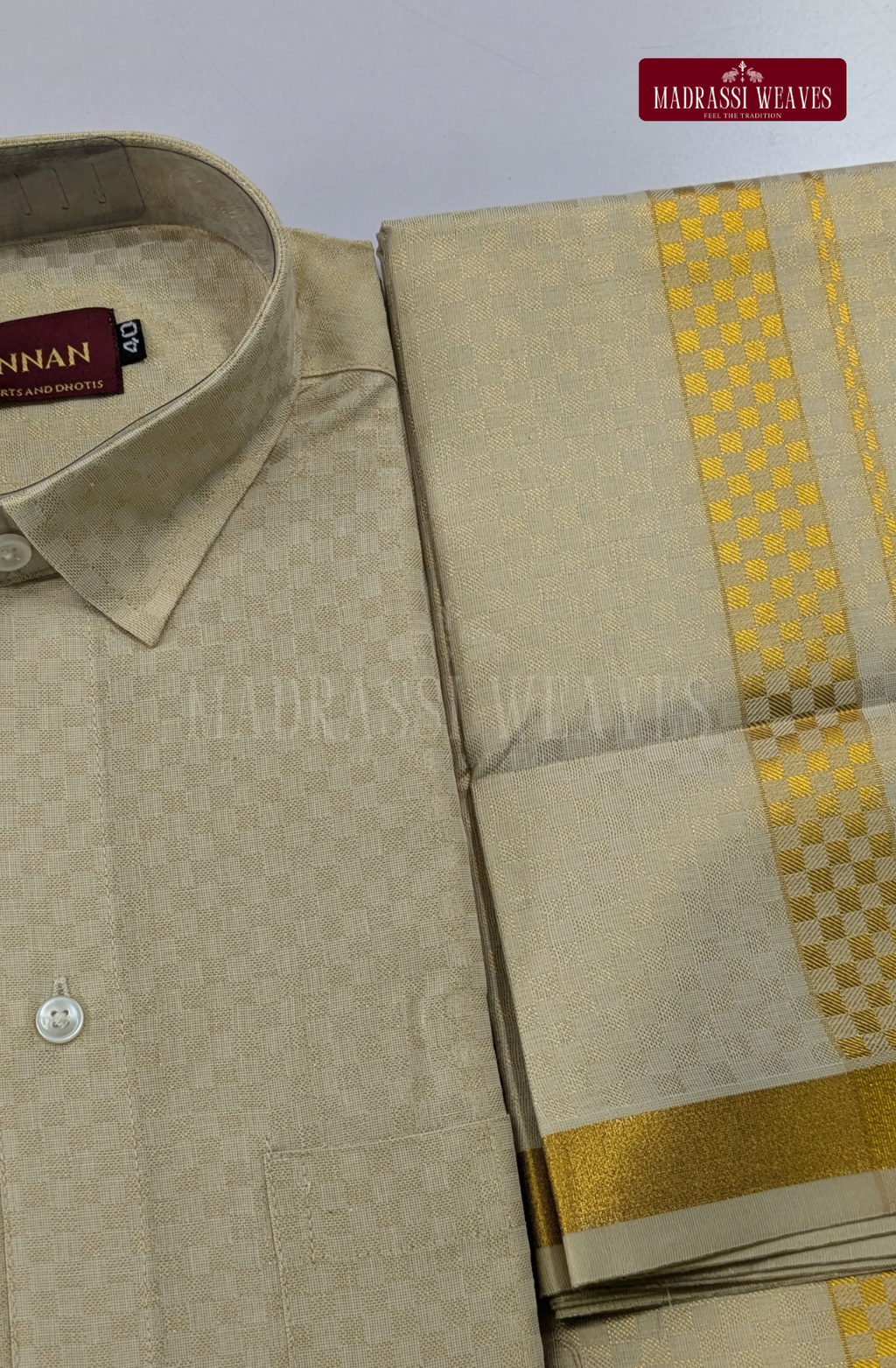 Wedding Zari Brocade Shirt and Dhoti Set  - Cream