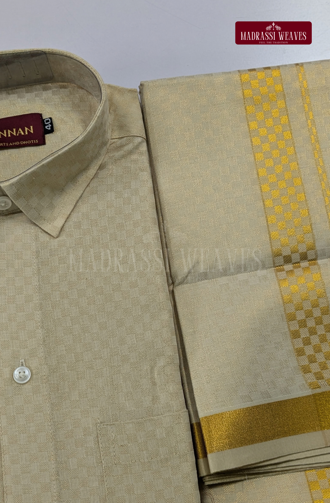 Wedding Zari Brocade Shirt and Dhoti Set  - Cream