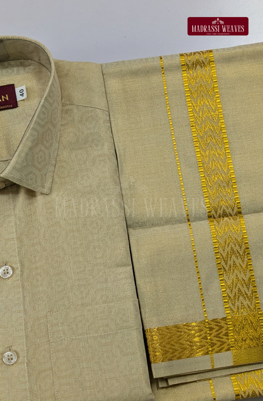 Wedding Zari Brocade Shirt and Dhoti Set  - Cream