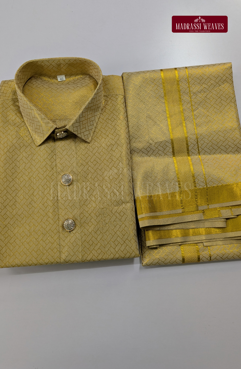 Premium Tissue Embossed Dhoti Set With Stone Buttons - Gold