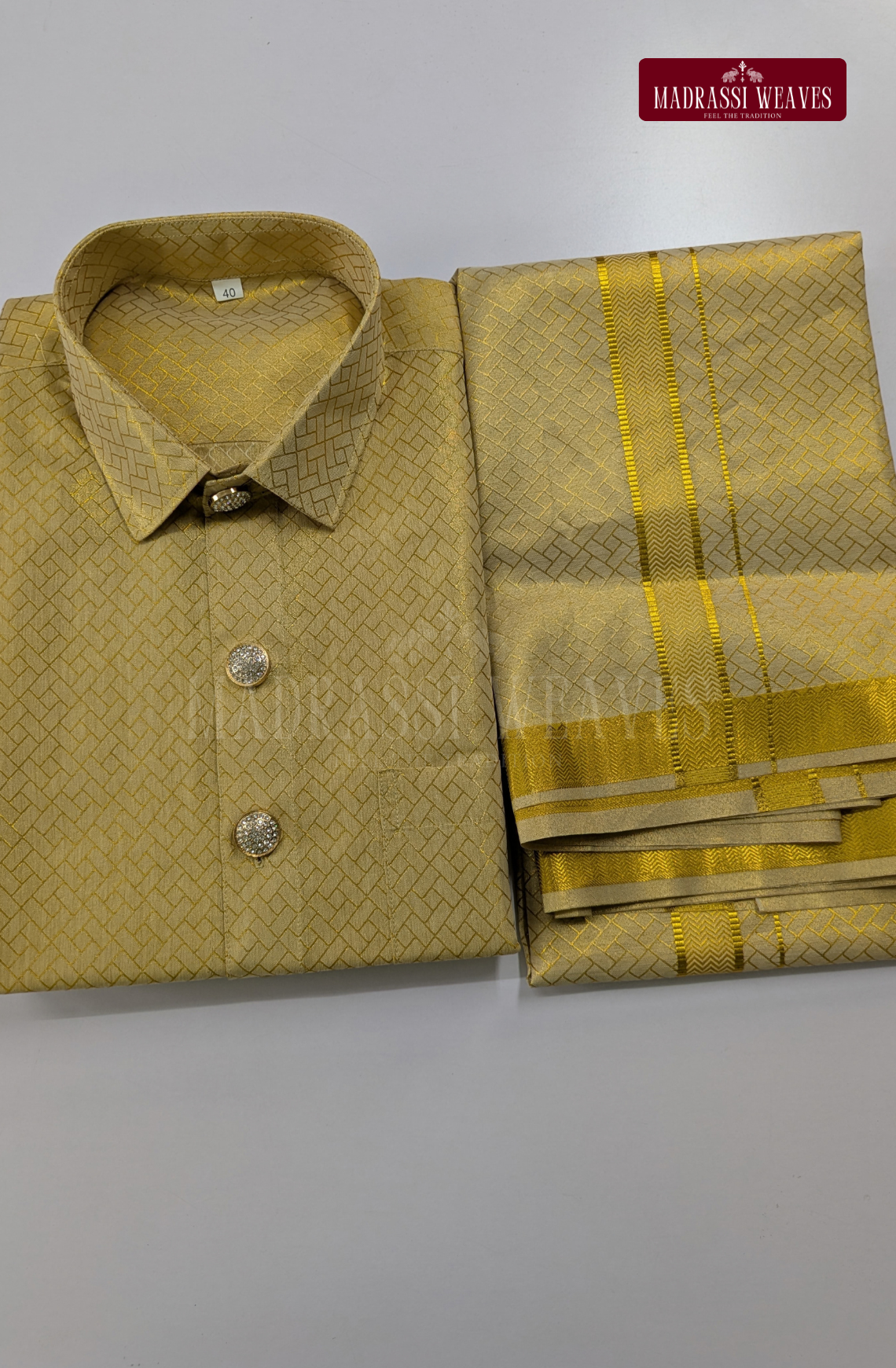 Premium Tissue Embossed Dhoti Set With Stone Buttons - Gold