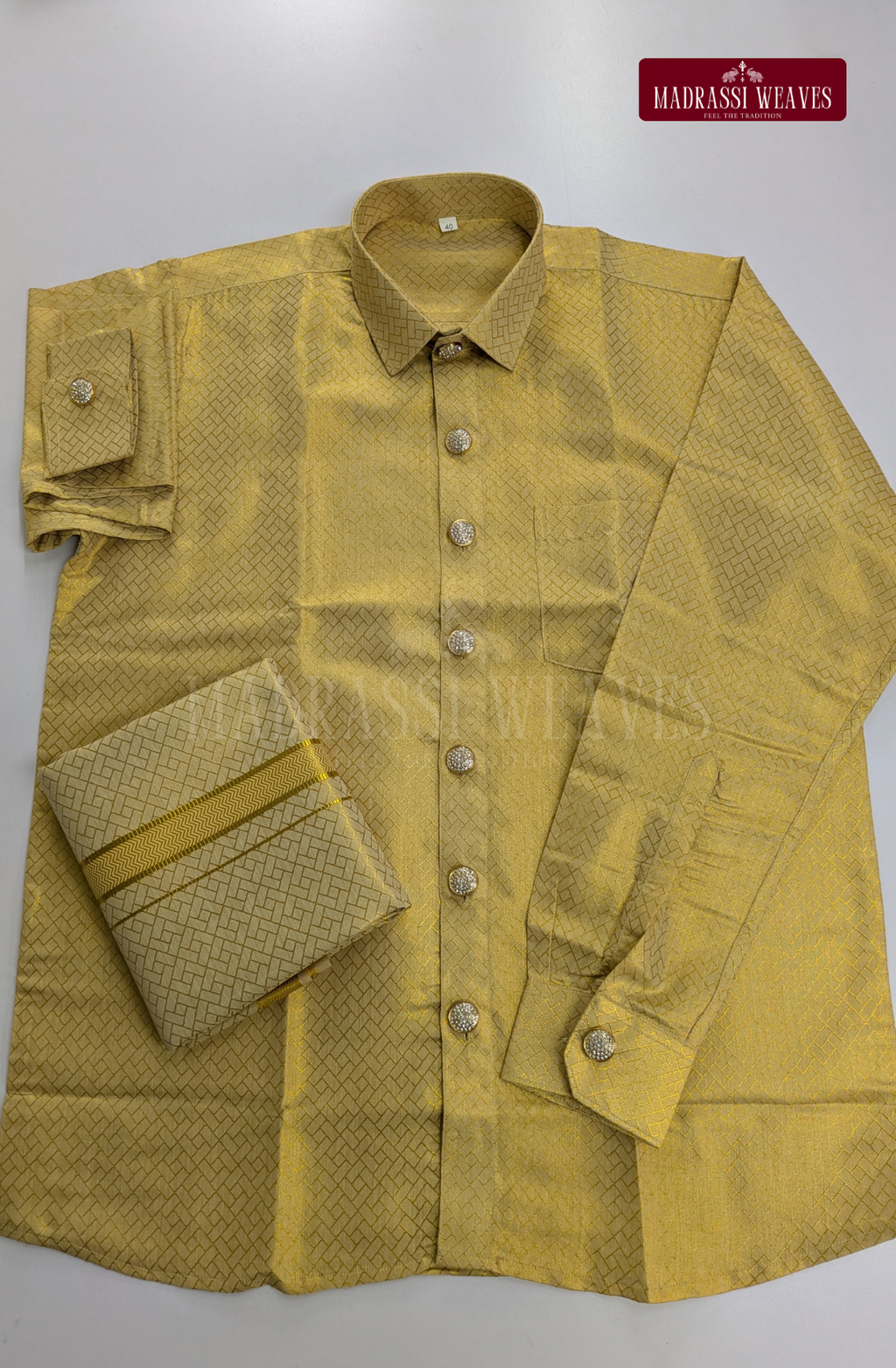 Premium Tissue Embossed Dhoti Set With Stone Buttons - Gold