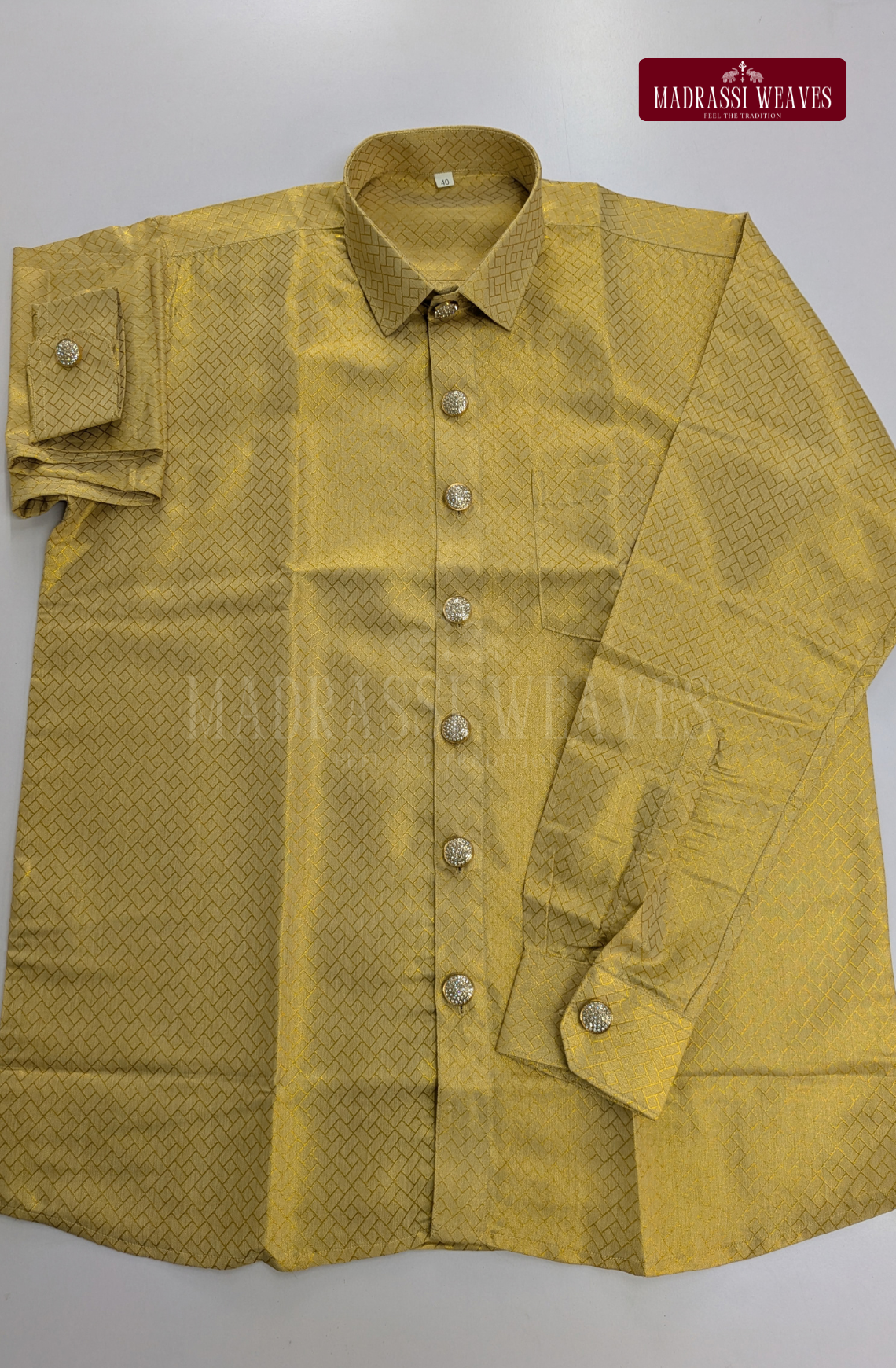 Premium Tissue Embossed Dhoti Set With Stone Buttons - Gold