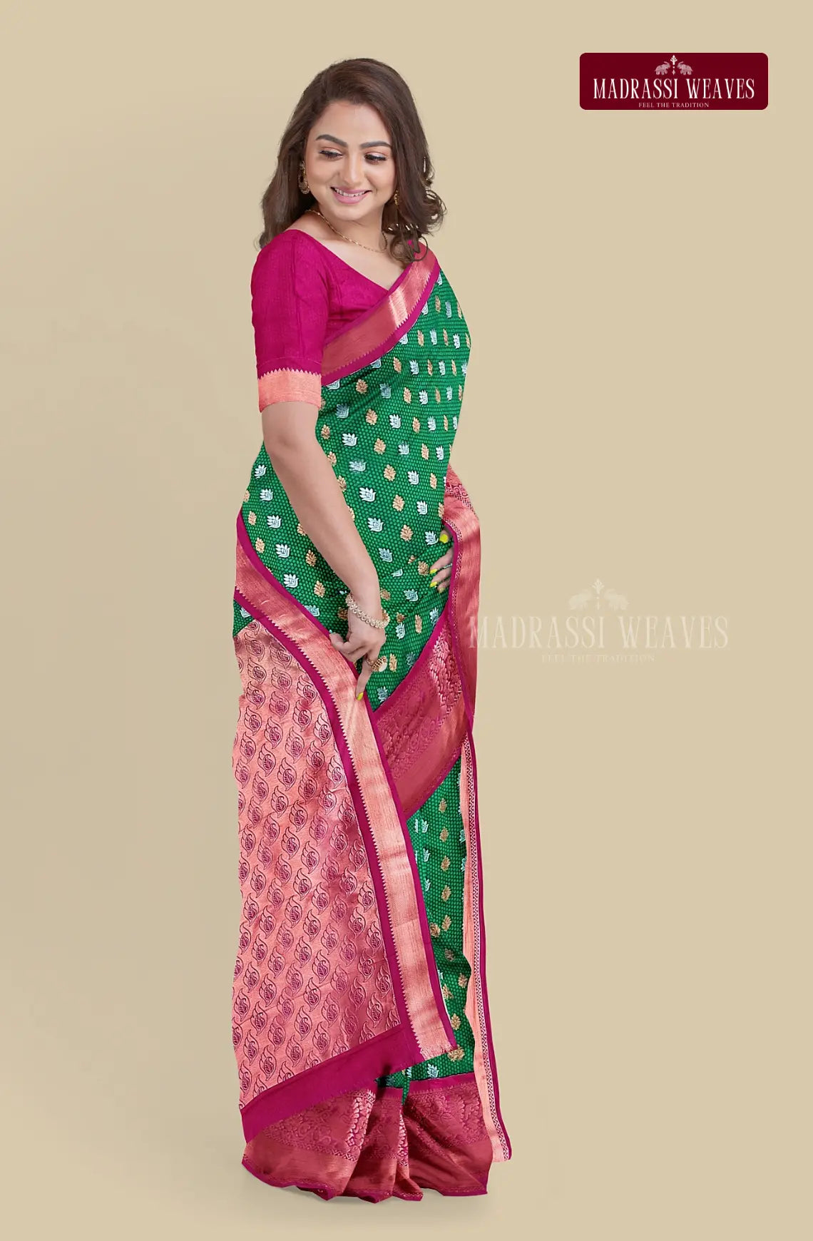 Kanchi Semi Silk Saree with Meena Butta Work - Green