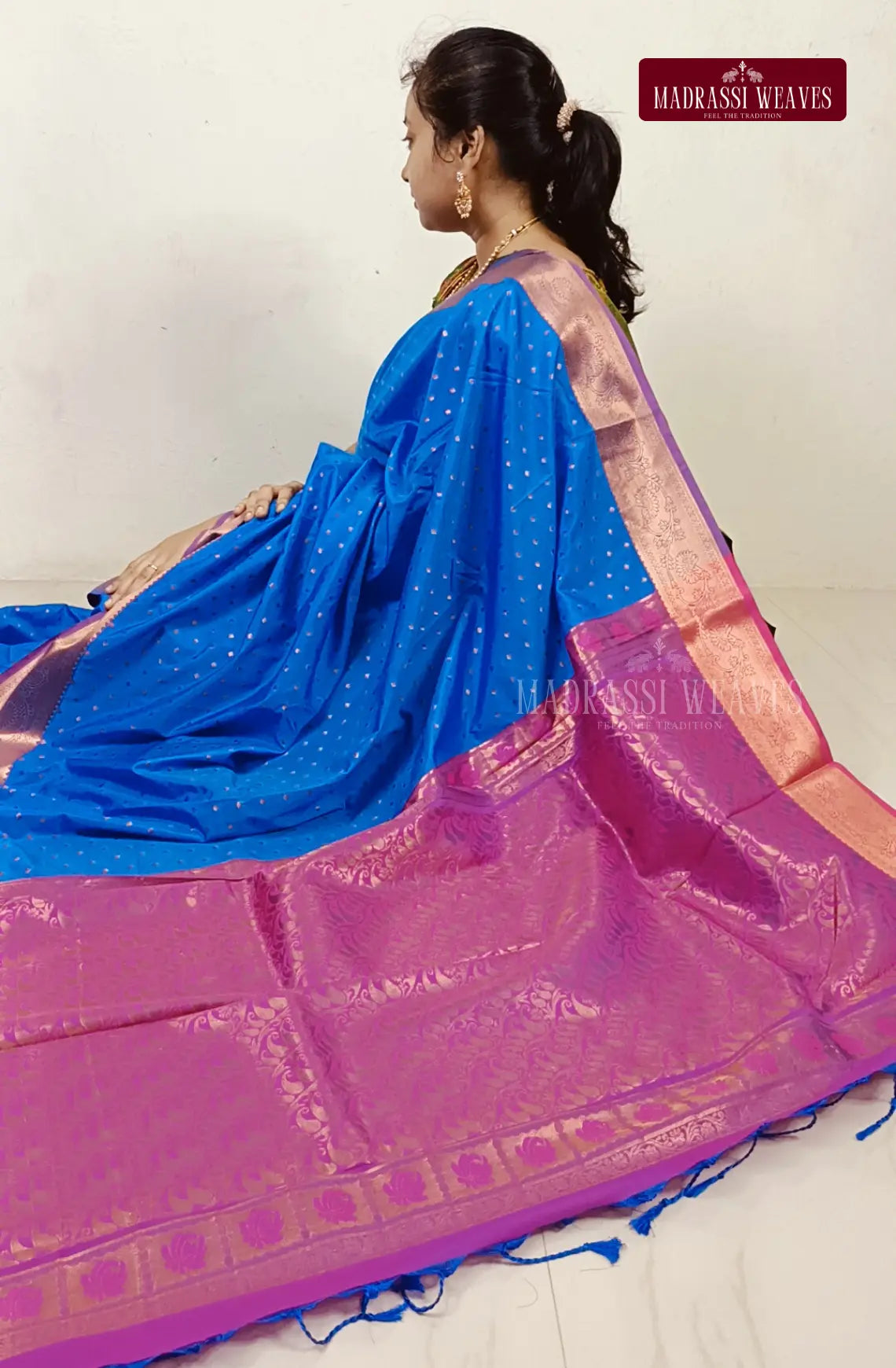 The Kanchi Semi Silk Saree with Meena Work is a stunning choice for weddings and special occasions. Made from kanchi semi silk, it features a beautiful zari woven border and intricate meena work. With 5 different colours available, this saree is perfect for every taste. Plus, the attached blouse material makes it easy to buy online and wear right away. Elevate your saree game today!
