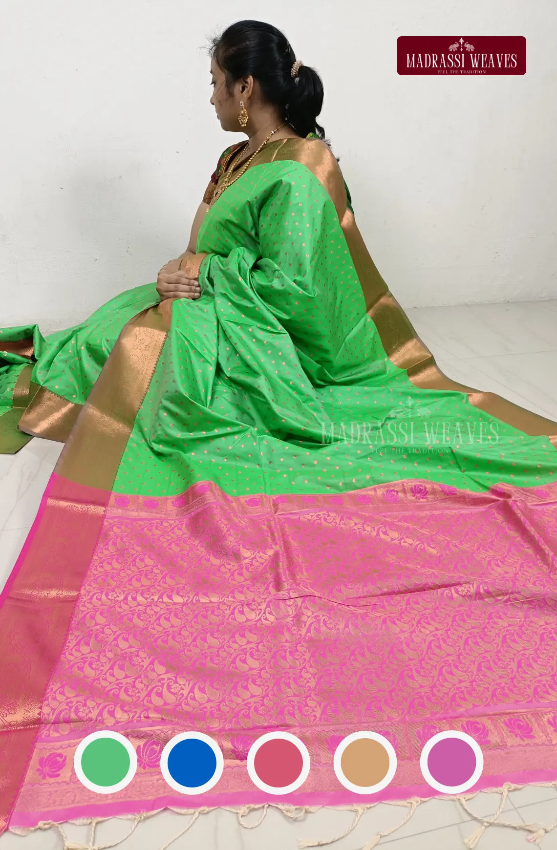 The Kanchi Semi Silk Saree with Meena Work is a stunning choice for weddings and special occasions. Made from kanchi semi silk, it features a beautiful zari woven border and intricate meena work. With 5 different colours available, this saree is perfect for every taste. Plus, the attached blouse material makes it easy to buy online and wear right away. Elevate your saree game today!