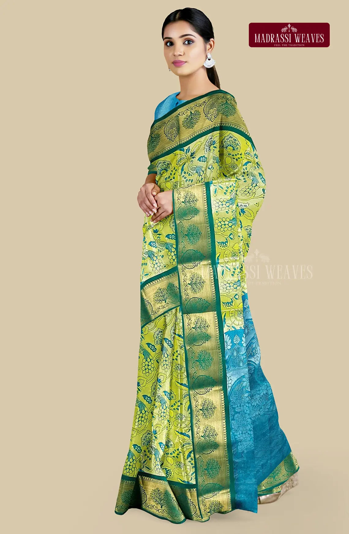 Kanchi Semi Silk Saree with Peacock Butta - Milky Green