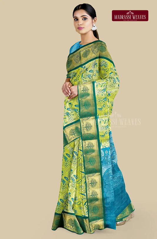 Kanchi Semi Silk Saree with Peacock Butta - Milky Green