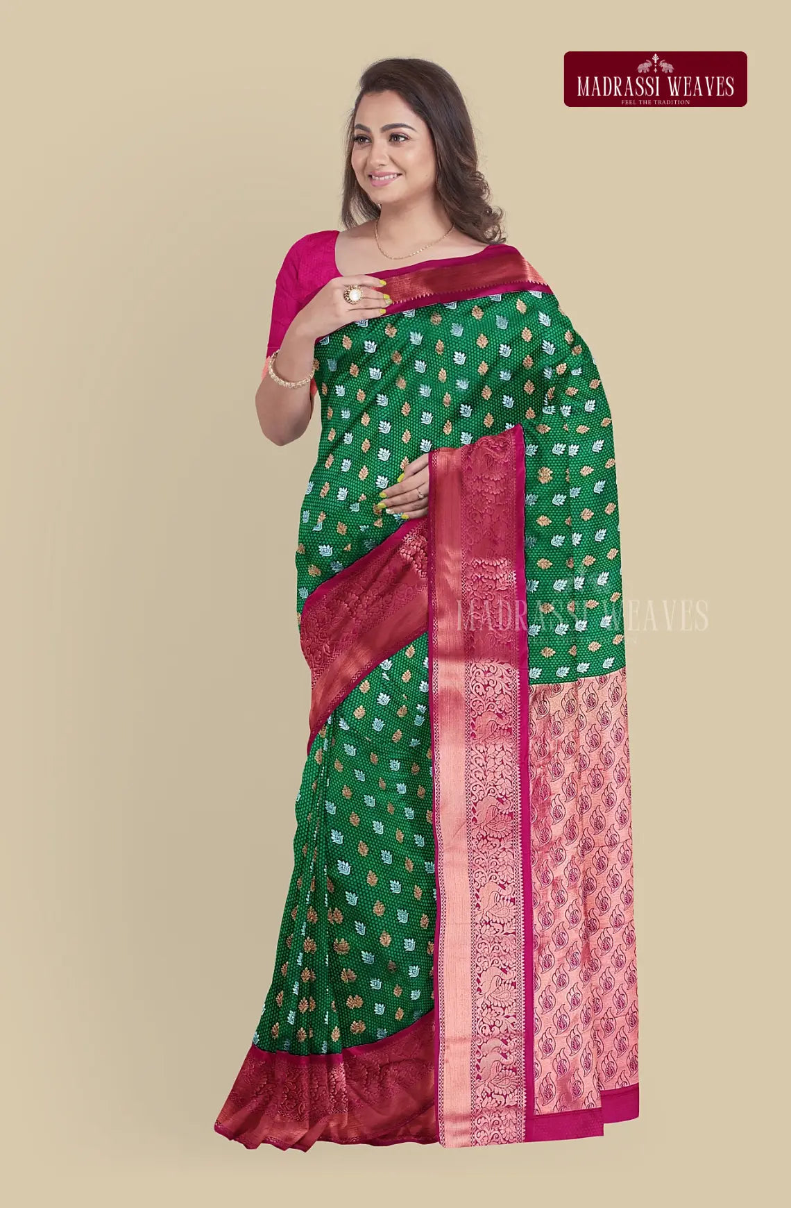Kanchi Semi Silk Saree with Meena Butta Work - Green