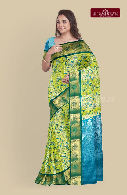 Kanchi Semi Silk Saree with Peacock Butta - Milky Green
