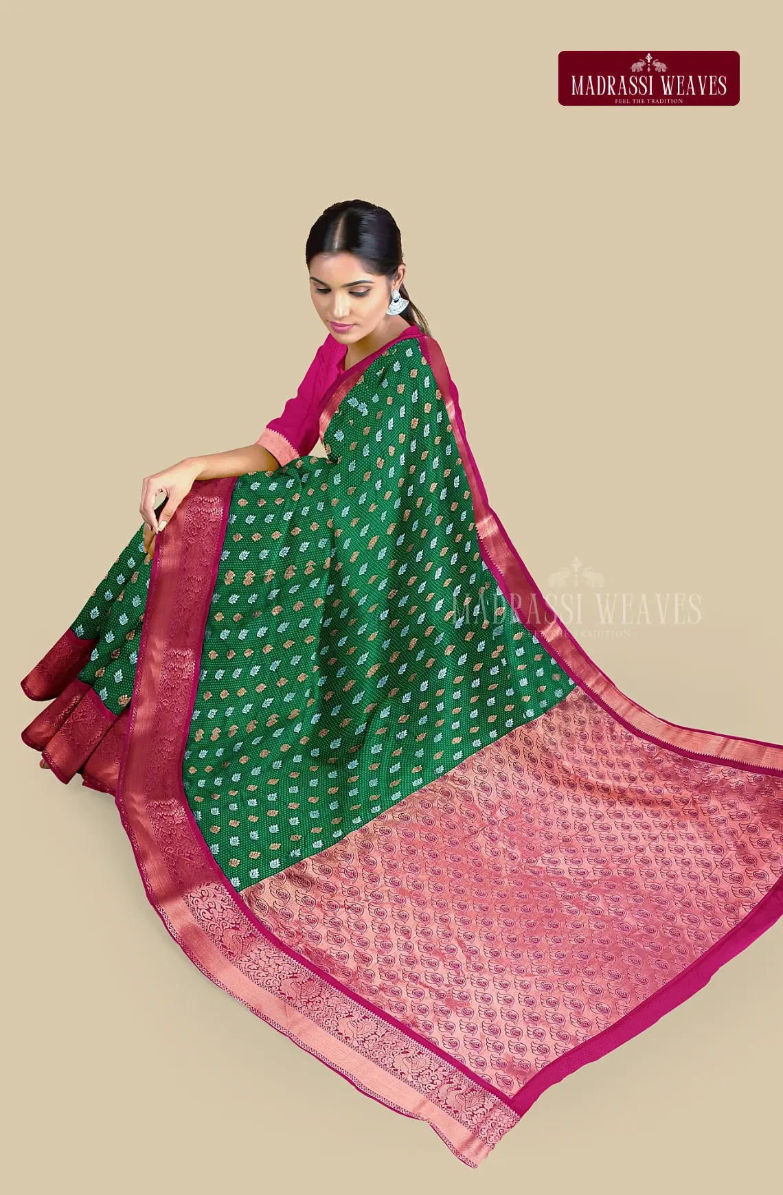Kanchi Semi Silk Saree with Meena Butta Work - Green