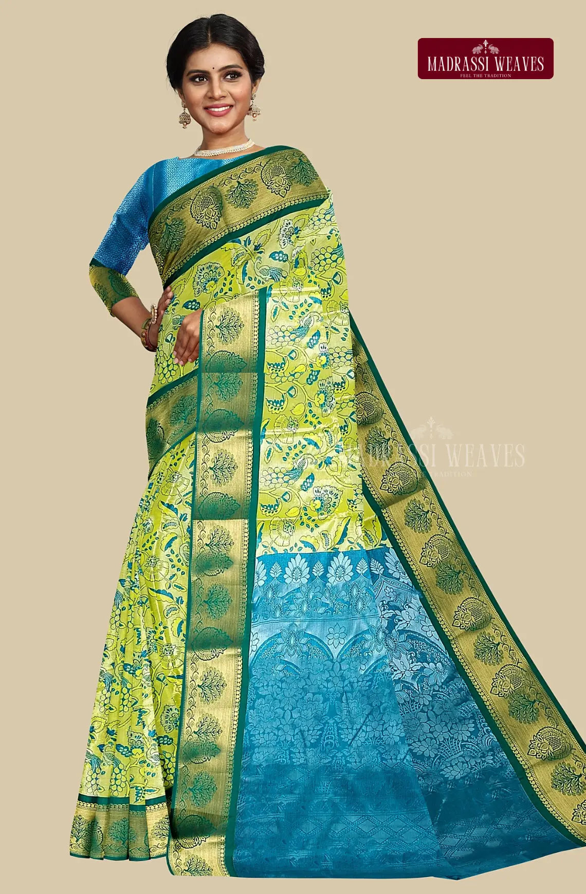 Kanchi Semi Silk Saree with Peacock Butta - Milky Green