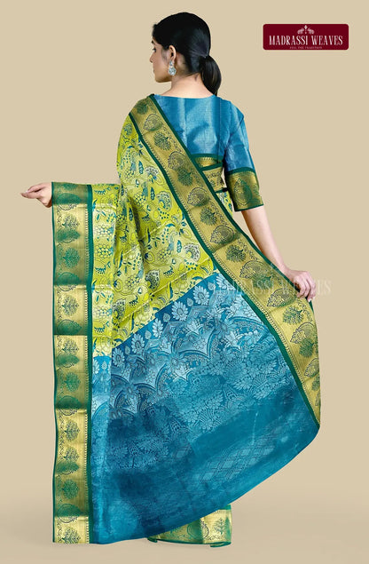 Kanchi Semi Silk Saree with Peacock Butta - Milky Green