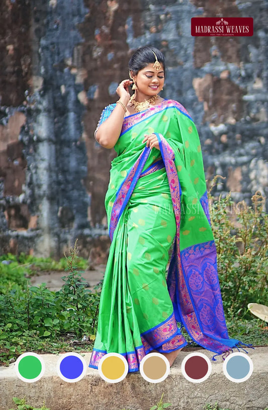 Unleash your traditional side with the Kanjeevaram Meena Soft Silk Saree! Made from high-quality semi silk, this saree features a stunning meena design and comes in 6 vibrant colors - green, violet, mustard, cream, maroon, and sky blue. Perfect for any occasion, this saree comes with an attached blouse material and can be easily purchased online. Elevate your style and make a statement with this exquisite piece!