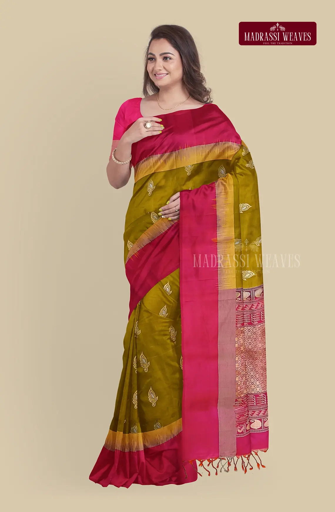 This Kanjeevaram Pure Silk Saree in Mustard boasts a luxurious feel with its pure silk fabric, while the intricate meena butta work and zari woven details add a touch of elegance. Silk mark certified and perfect for weddings, the pink complementary color and attached blouse material make it a convenient and stunning choice. Buy online now.
