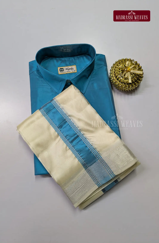 Kids Premium Silk Dhoti Set with Colour Zari - Aqua Blue