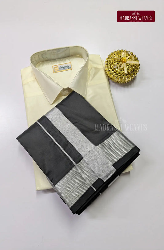 Kids Premium Silk Dhoti Set with Silver Zari - Off White & Black