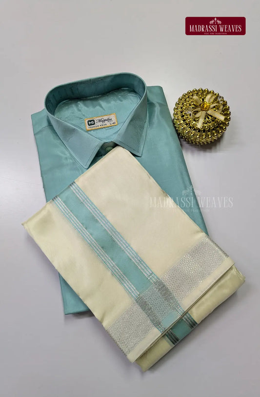 Kids Premium Silk Dhoti Set with Colour Zari - Pastel Rama
