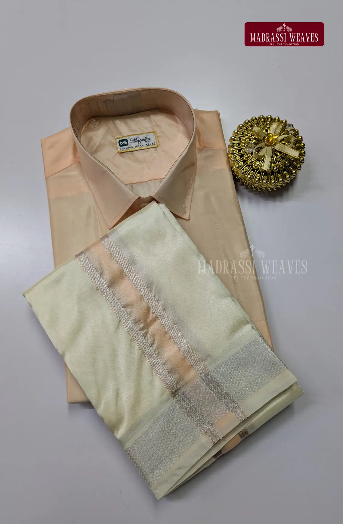 Kids Premium Silk Dhoti Set with Colour Zari - Peach