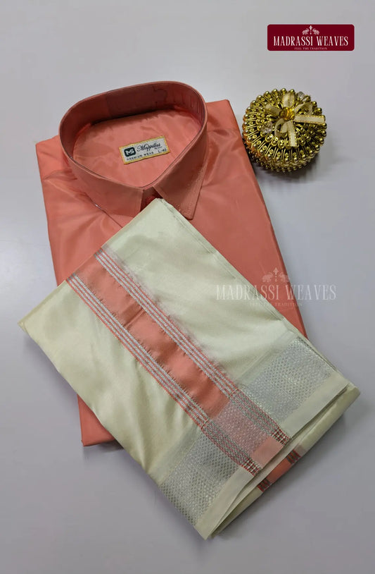 Kids Premium Silk Dhoti Set with Colour Zari - Pinkish Peach