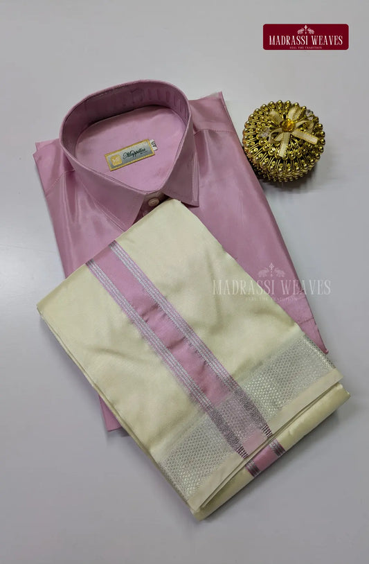 Kids Premium Silk Dhoti Set with Colour Zari - Rosy Pink