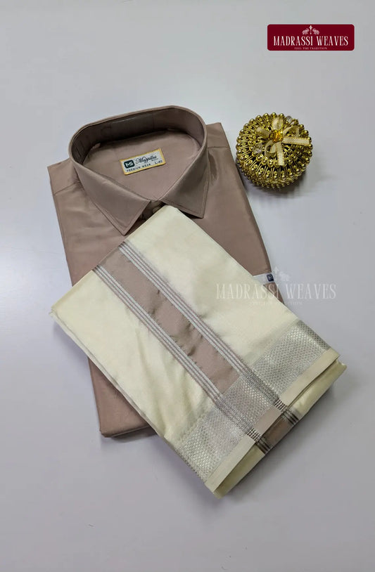 Kids Premium Silk Dhoti Set with Colour Zari - Sandstone