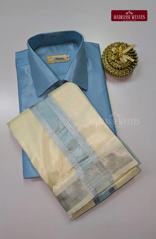 Kids Premium Silk Dhoti Set with Colour Zari - Sky Blue